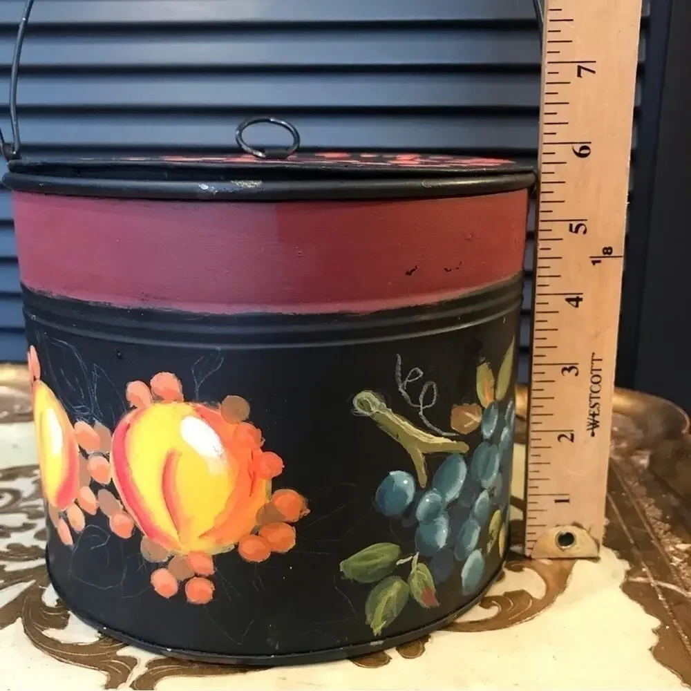 Cottagecore Hand painted Toleware Tin Bucket w/ Lid, Features a Fruit Motif